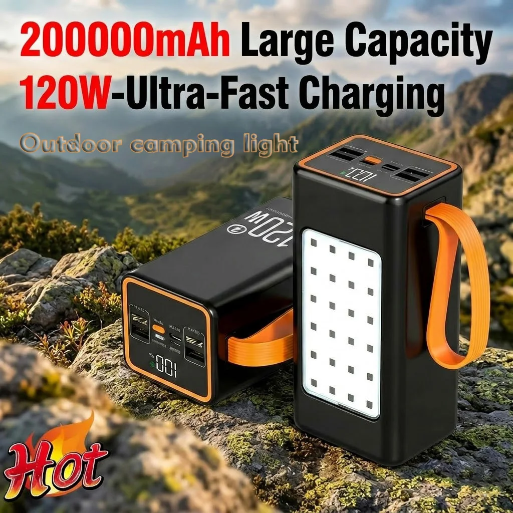 

200000mAh Portable Power Bank 120W Super Fast Charging Outdoor Power Station Built-in Camping Light for IPhone Samsung Huawei