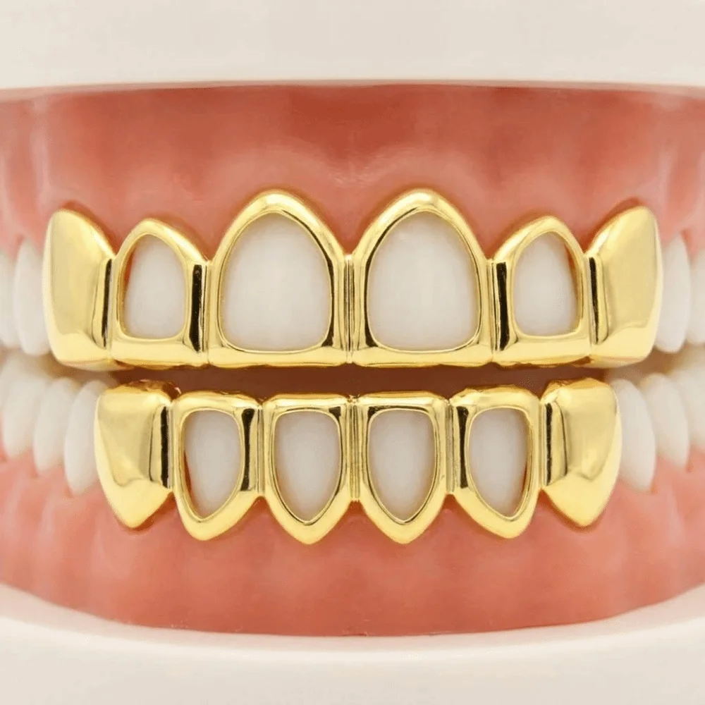 2Pcs/Set Hip Hop Dental Grills Glossy Simple Hollow Teeth Grillz Braces Trendy Classic Hollowed-Out Teeth Caps for Women Men