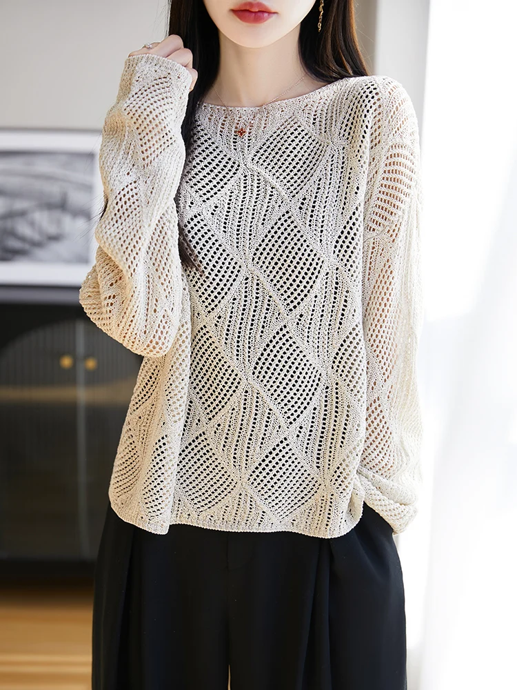 

Spring Summer Sun-Protective Cover-up Diamond Openwork Crochet Sweater Relaxed Fit Breathable Knitwear Lyocell Linen Pullover