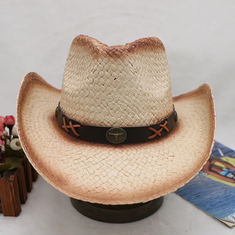 Hot Sale Hand-woven Western Fashion Men's Distressed Retro Cowboy Hat Bull Head Decorative Sun Hat