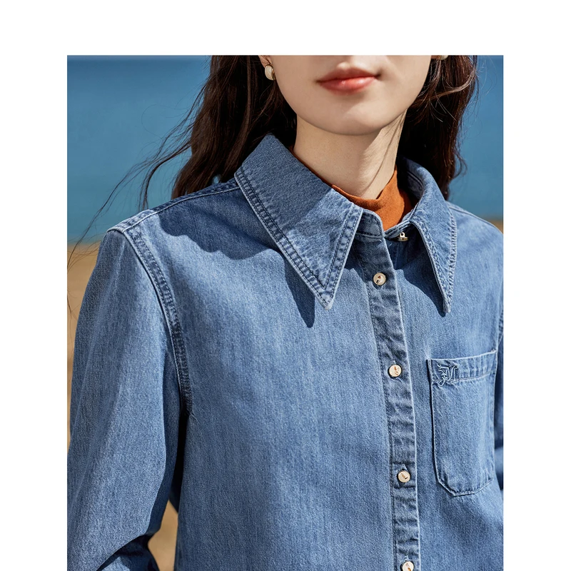 INMAN Women Denim Shirt 2023 Winter Long Sleeve Polo Neck Loose Blouse Embroidery 100% Cotton Fashion Casual Versatile Outwear