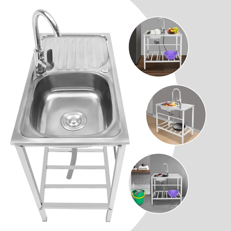 Utility Laundry Stainls Steel Fretanding Kitchen Single Bowl Sink xxcm Hand Washing Station