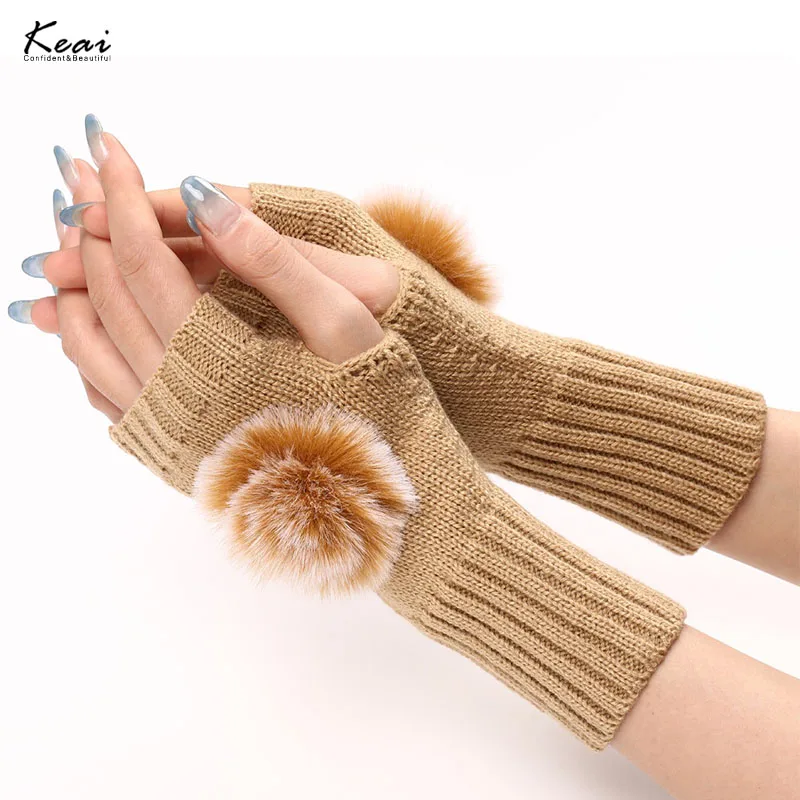 Winter Fluffy Ball Fingerless Knitted Gloves Women Warmer Fashion Soft High Elasticity Short Mitt Casual Girls Crochet Glove