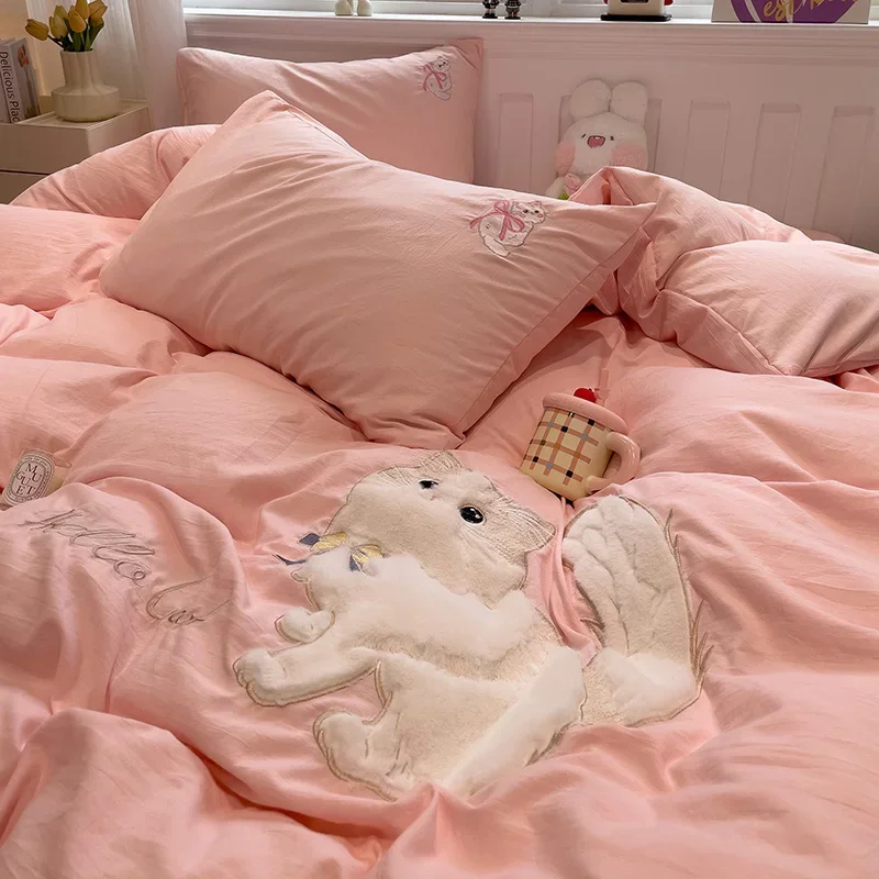 Cute Cat 3D Embroidered Duvet Covers Set Soft Pink Luxury Bedding Set for All Season Plush Fluffy Comforter Cover for Kids Teens