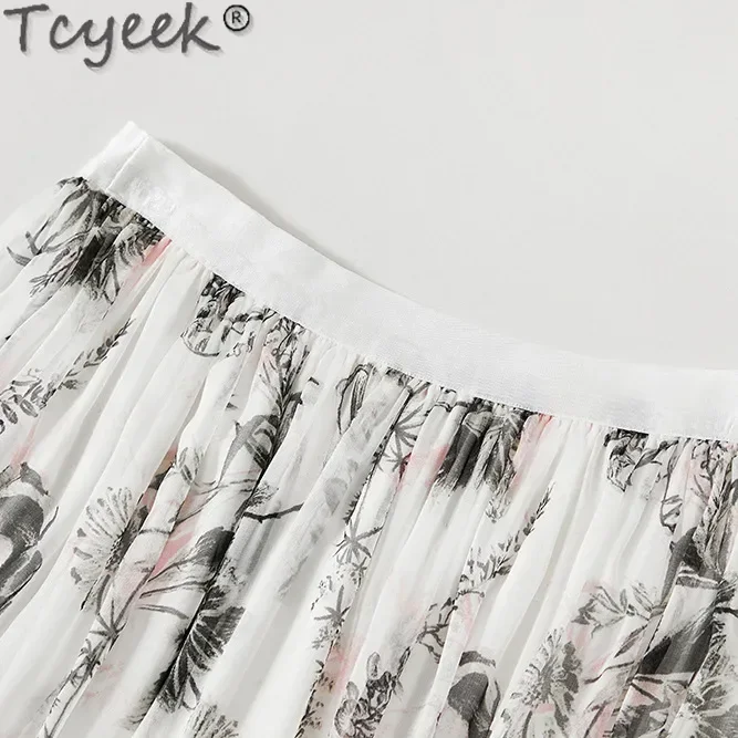 Tcyeek 100% Mulberry Silk Elegant Skirts for Women Clothes 2024 Beach Skirt Summer Women's Skirt Printing Faldas Para Mujeres