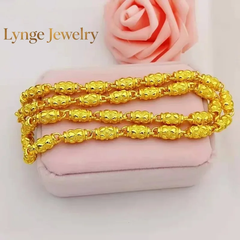 Lynge Jewelry Men's 24K Gold AU999 Heart & Olive Bead Necklace - Even beads, heavy texture, value-preserving, for shirts & hoodi