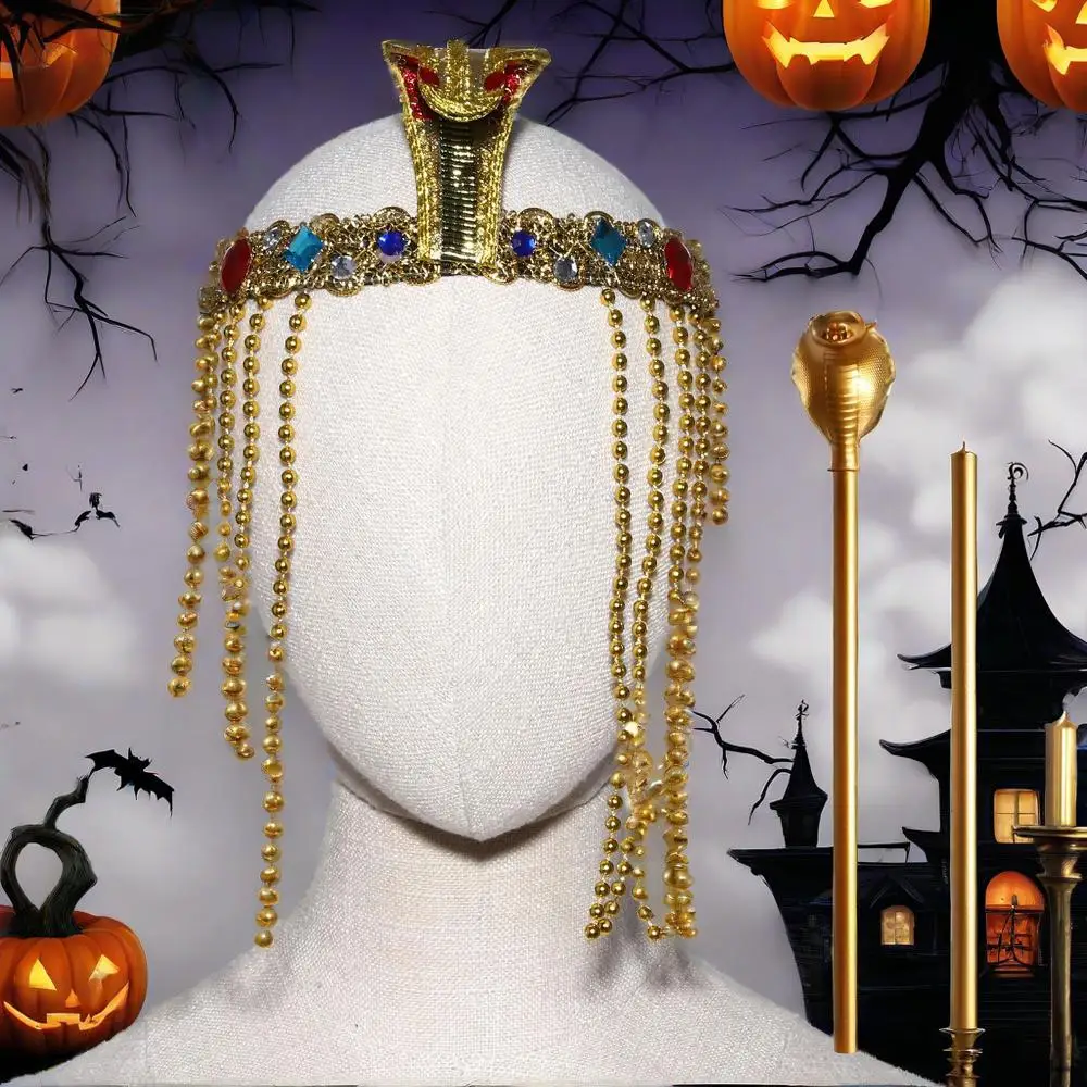 

Аксессуар для египетского костюма, головной убор египетского фараона, пластиковый змеиный скипетр, головной убор с кисточками из бисера, реквизит для Хэллоуина, косплея, вечеринки