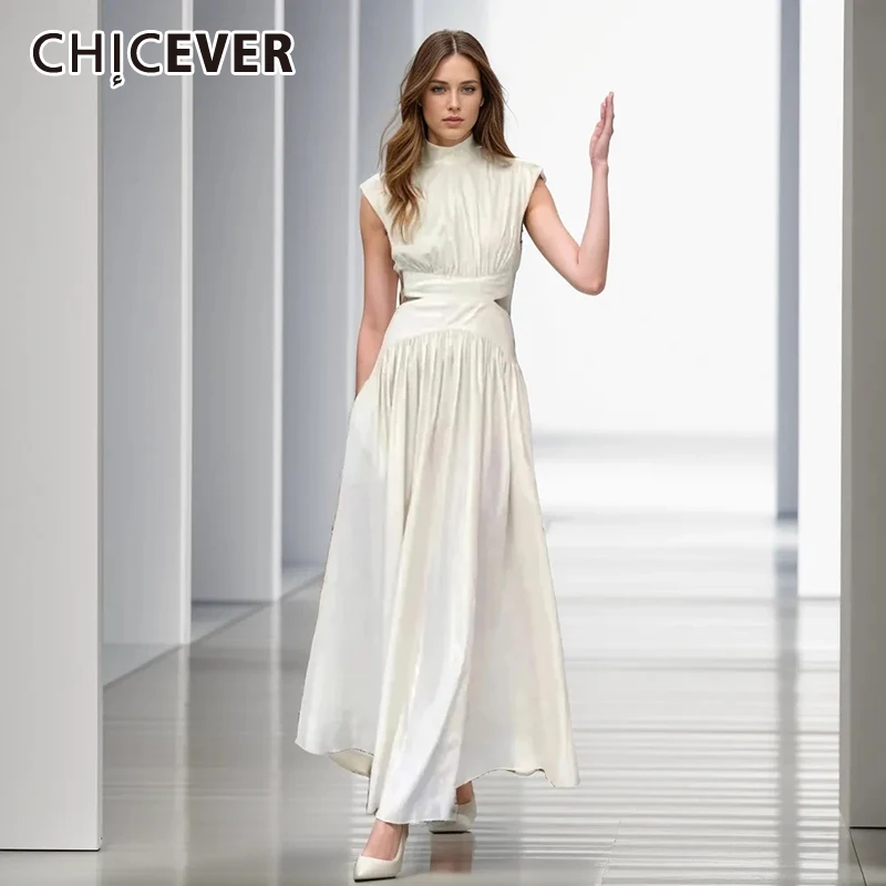 

CHICEVER Hollow Out Fashion Dresses For Women Stand Collat Sleeveless High Waist Spliced Folds Minimalist Solid Dress Female New