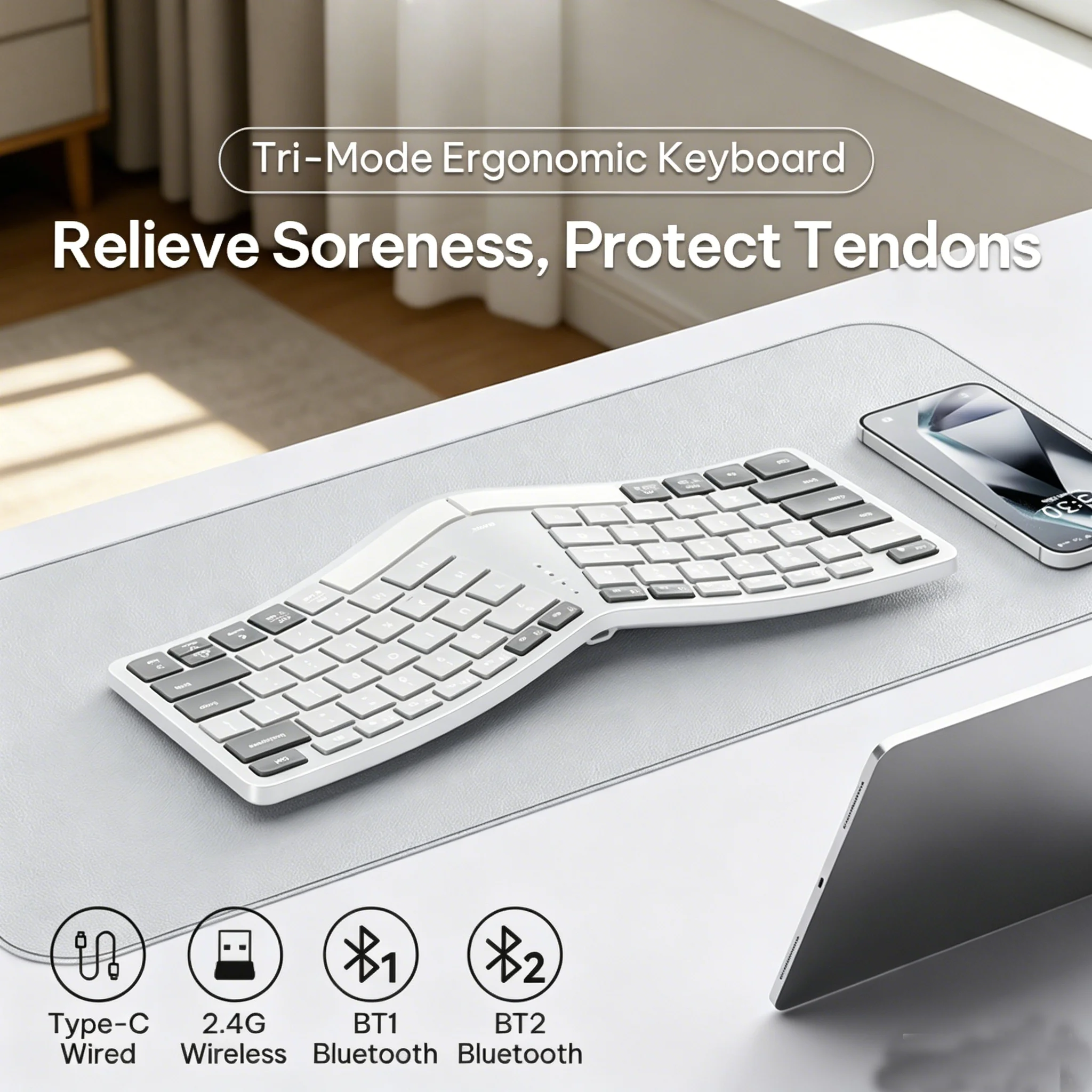 BOW Wireless Ergonomic Split Keyboard Rechargeable 2.4G+Bluetooth+Wired Ergo Cordless USB Computer Keyboard Natural Typing