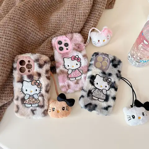 Kawaii Hello Kittys Plush Leopard Print Mobile Phone Case for Iphone 16 15 14 13 12 Pro Max Y2K Anime Warm Protective Shell Gift