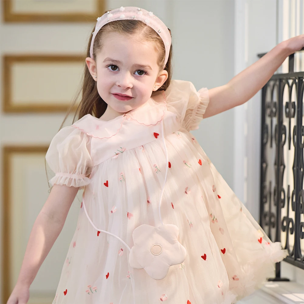 Dave Bella Children Princess Mesh Dress Embroidery Girls Summer Short Sleeve Dress Kids Sweet Outdoor Party Clothes DB2262332