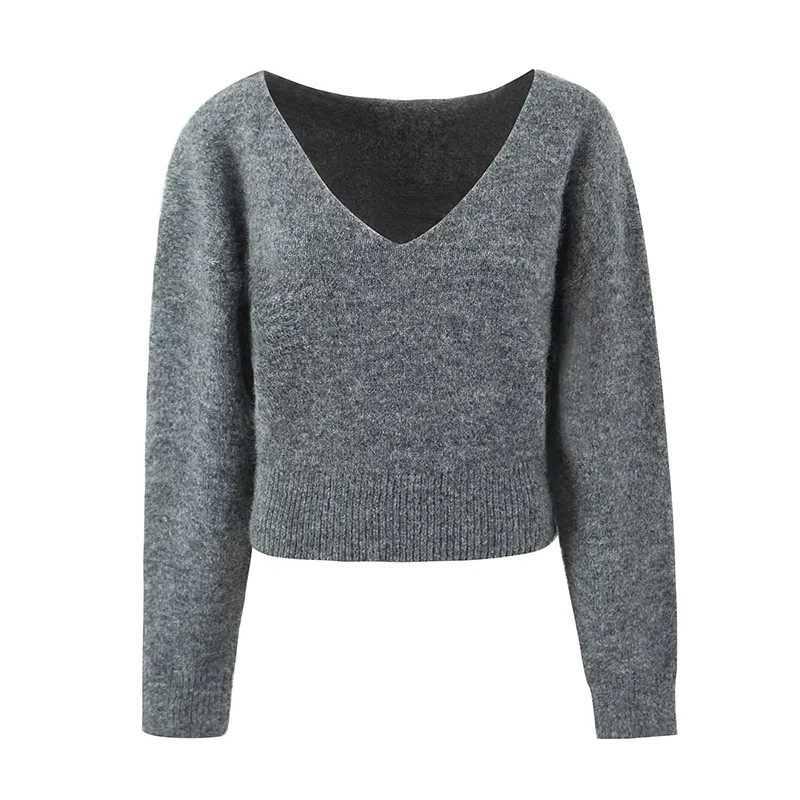 YENKYE Women Casual Sexy V  Neck Long Sleeve Knitted Pullovers  Autumn Winter Gray Sweaters