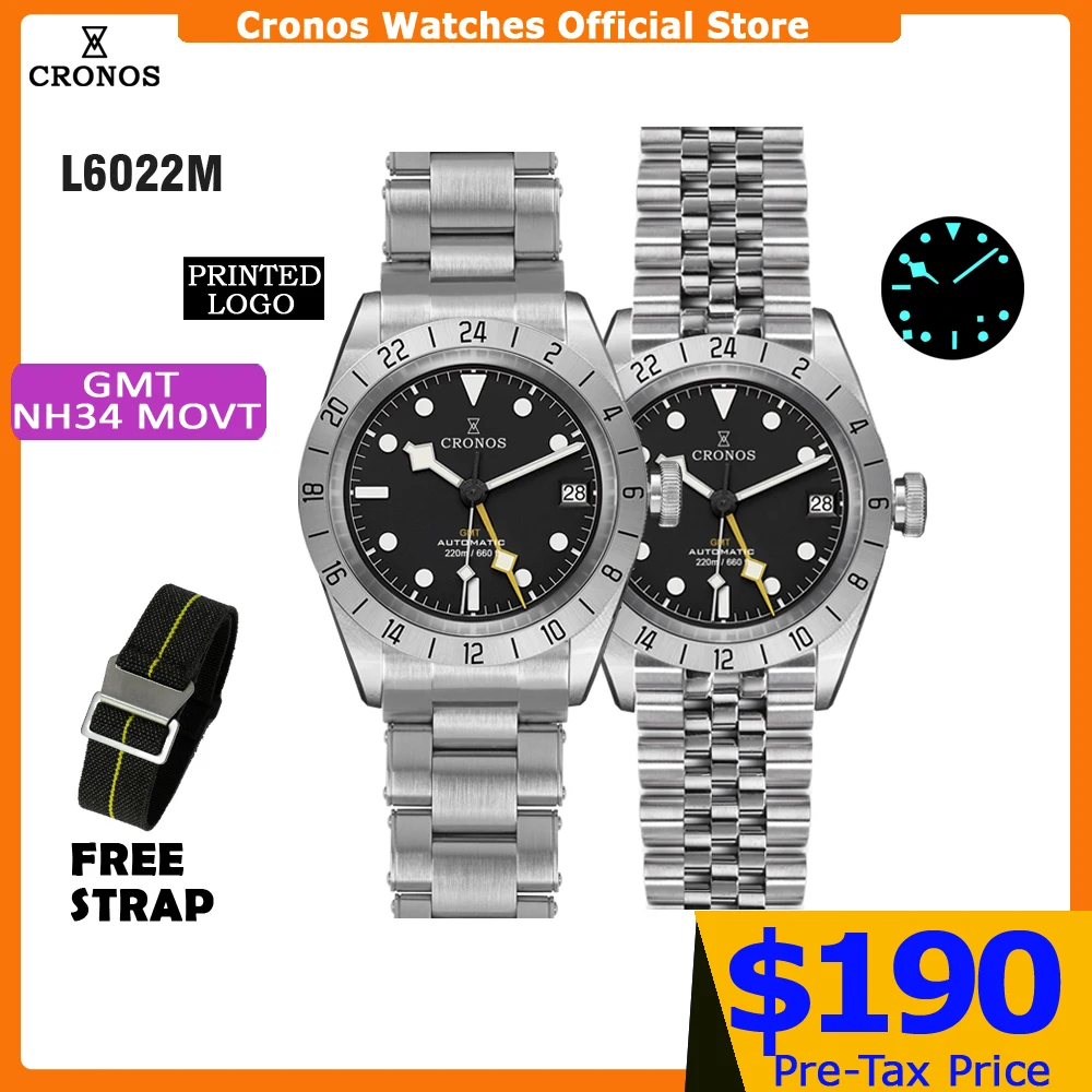 Cronos Vintage GMT 39mm NH34 Automatic Men Watch Mechanical Sapphire Glass Date Window BGW9 LUM Leather Strap Bracelet