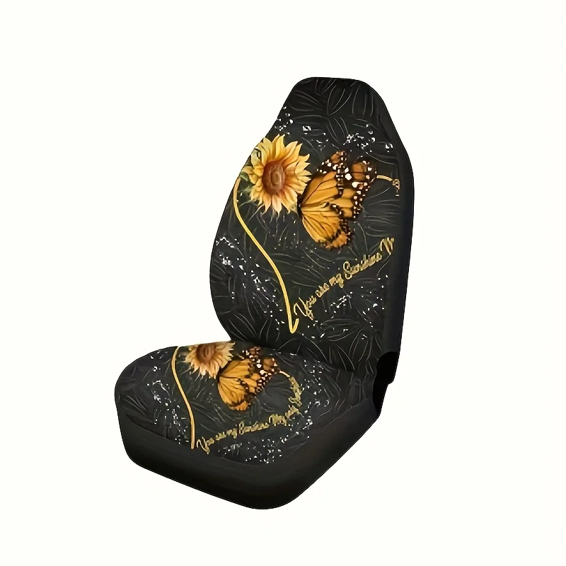 

[Чехлы на автомобильные сиденья Butterfly] Прочные чехлы на автомобильные сиденья из полиэстера — черные с золотыми бабочками и подсолнухами | Всесезонный фронт
