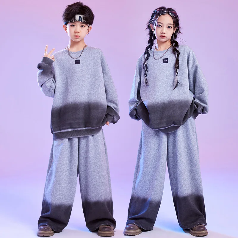 

Kid Kpop Hip Hop Clothing Loose Gray Gradient Sweatshirt Casual Wide Sweat Pants for Girl Boy Jazz Dance Wear Costumes Clothes