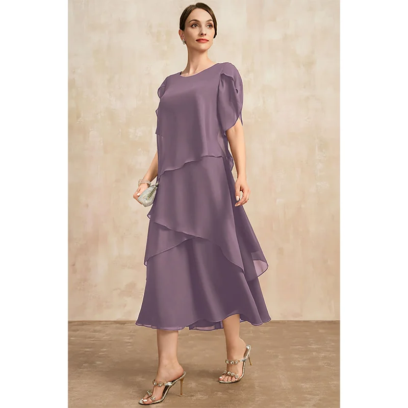 Plus Size Temperament Chiffon Women\'s Dress Summer Irregular Midi Dresses Ladies Elegant Short Sleeve Party Dress Wedding