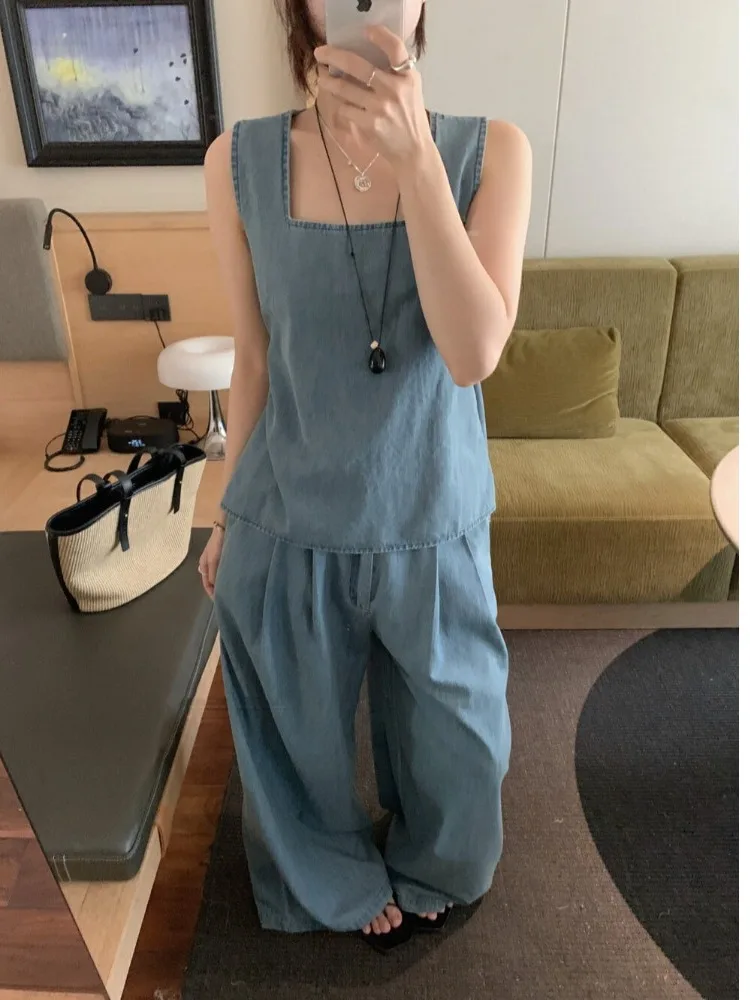 

Модный антивозрастной женский комплект: джинсовые брюки с квадратным вырезом и бретелями на спине, повседневный комплект из двух предметов с высокой талией, шикарный летний наряд