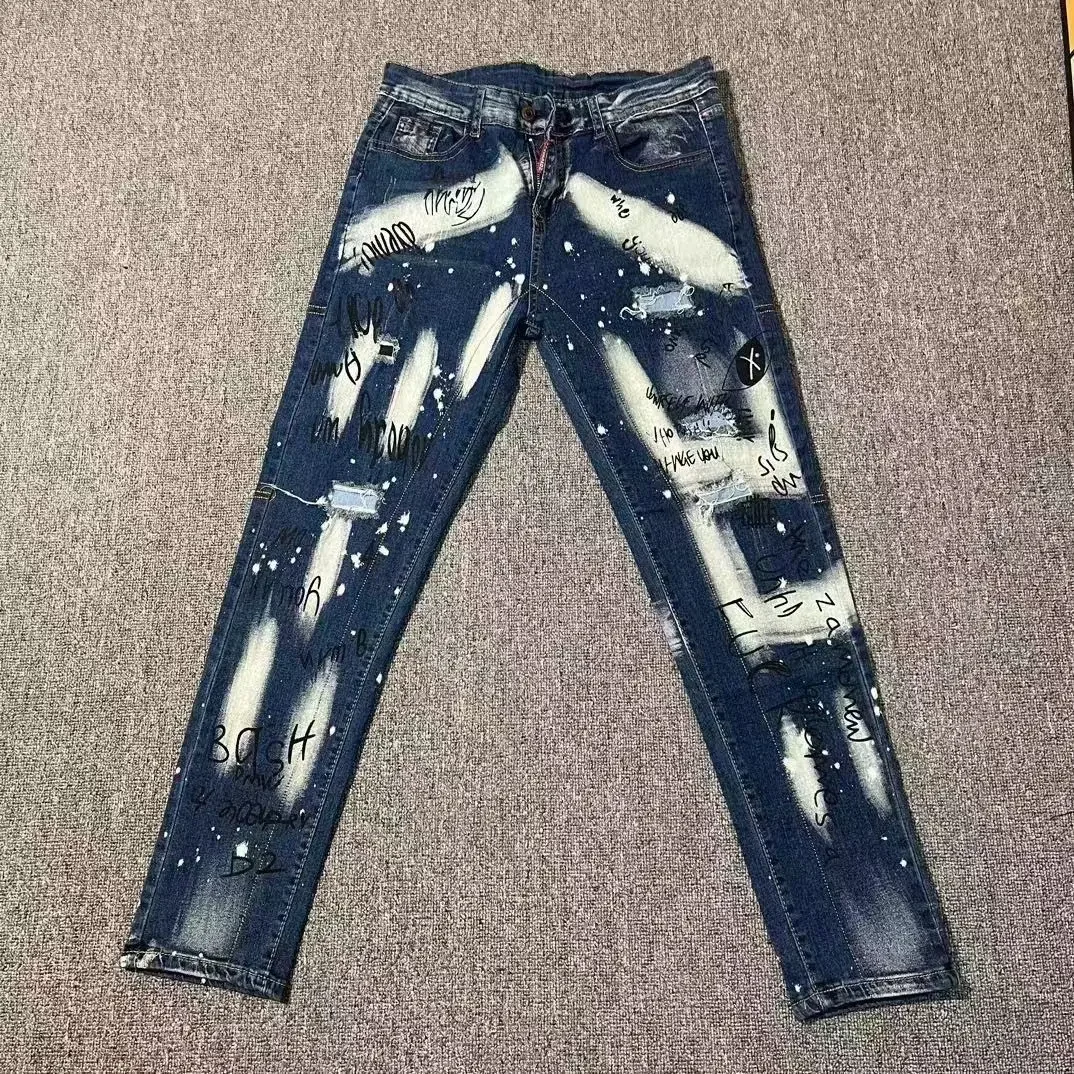 

European and American Trendy Men's New Denim Trousers with Patches, Washed, Splashed Ink, Slim Fit, Elastic and Ripped Holes.