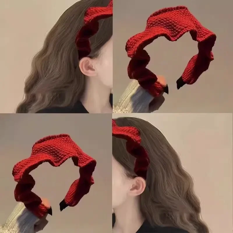 Red Knitted Autumn and Winter Exquisite Wrinkled Wave Edge Headband for Women Girls Headband Retro Hairpin Hair Accessories