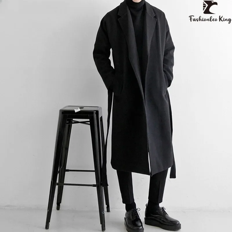 Fashion Blends Coat Belt Overcoat for Men Black Winter Long Coat