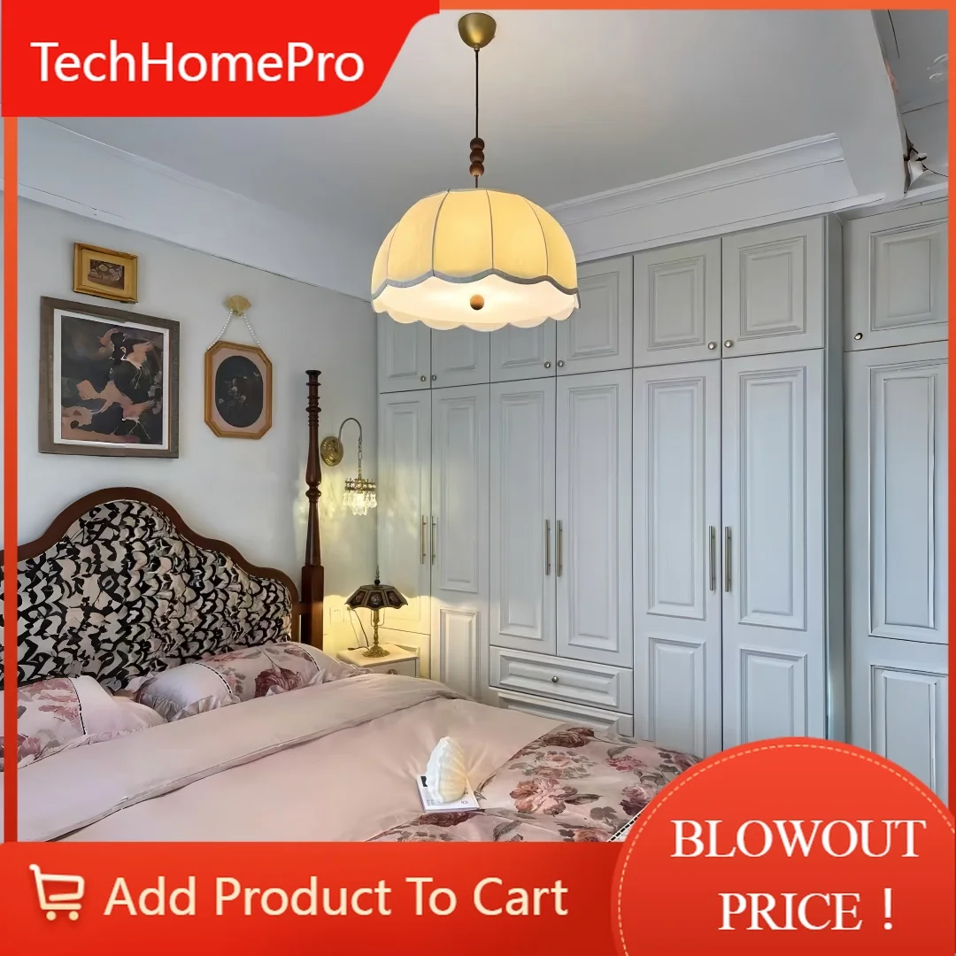 TechHPMid-Century Scalloped Pendant Lamp – Cream Fabric Shade & Wood Detail, Cozy Home Lighting