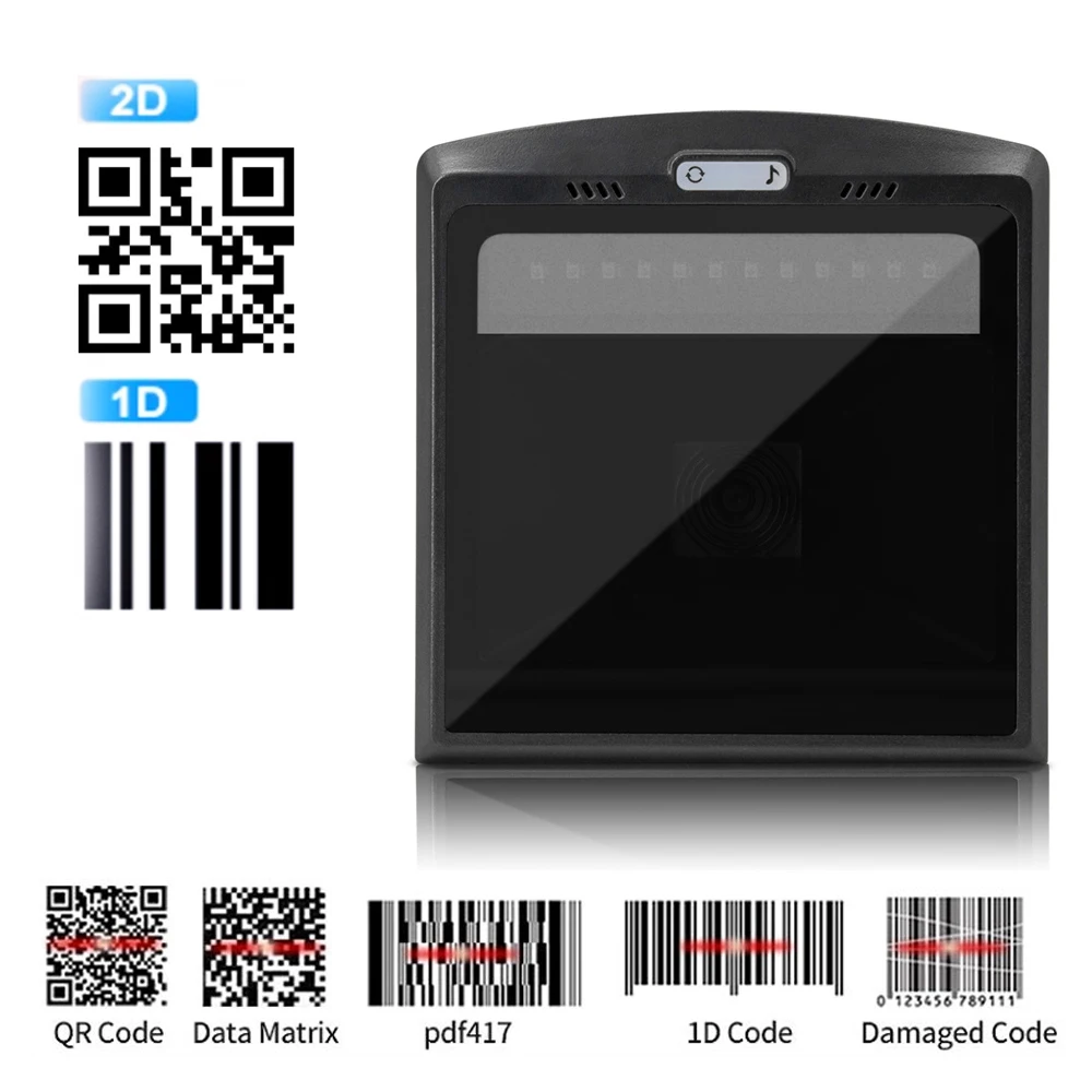 

HBAPOS 1D 2D Barcode Scanner Handsfree Omnidirectional Desktop Automatic QR Bar Code Data Matrix Reader for POS PC Windows