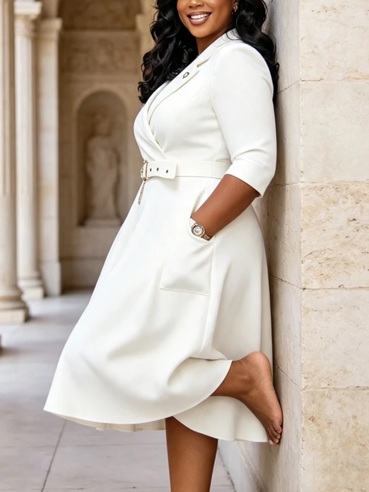 Casual African Light Blue Women A-Line Blazer Dress Notched Collar 3/4 Sleeve Belted Waist Pockets Midi Birthday Party Dresses