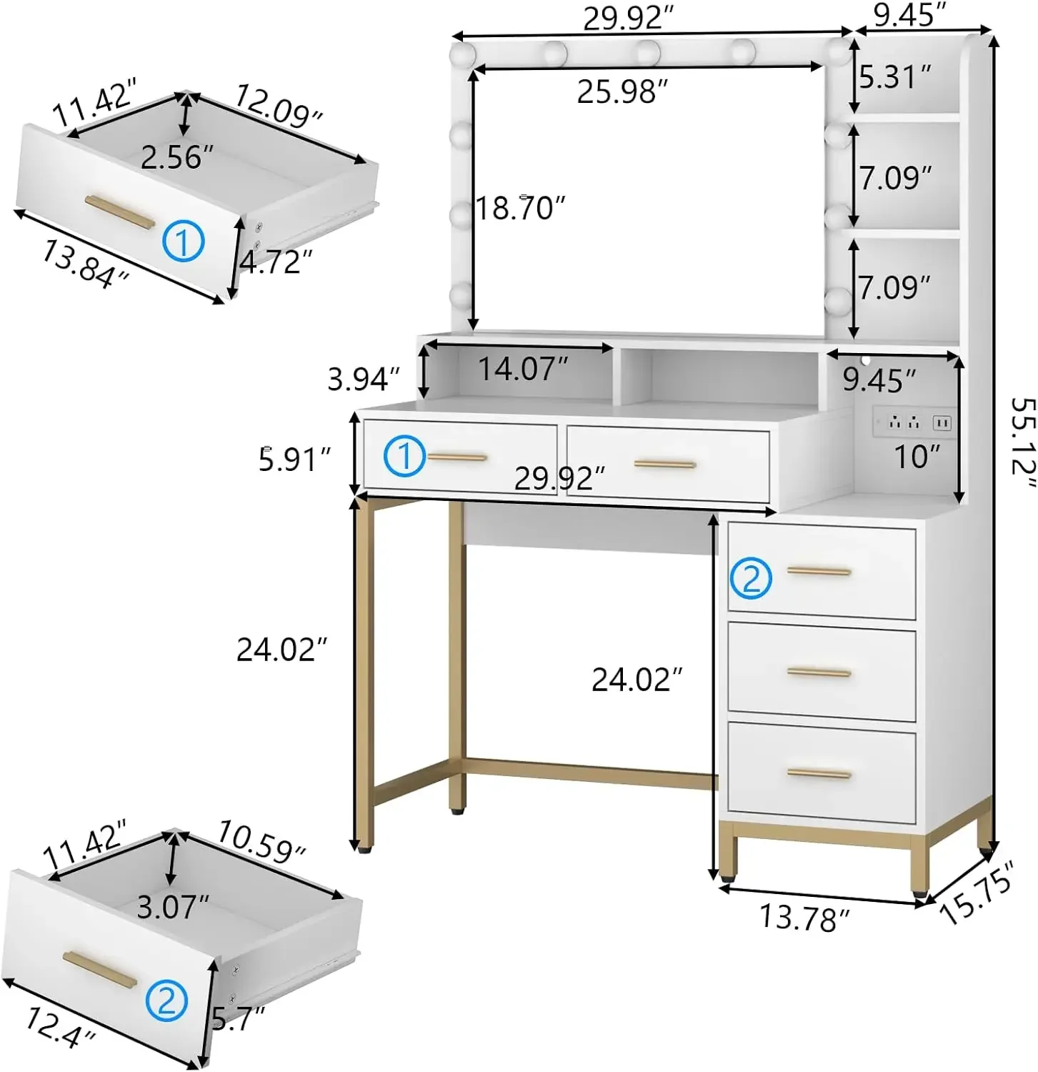 Loomie Vanity Desk with Lighted Mirror & Power Outlet, Makeup Table with 5 Drawers, Two Cubby & Shelf, Vanity Dresser with 11 Li