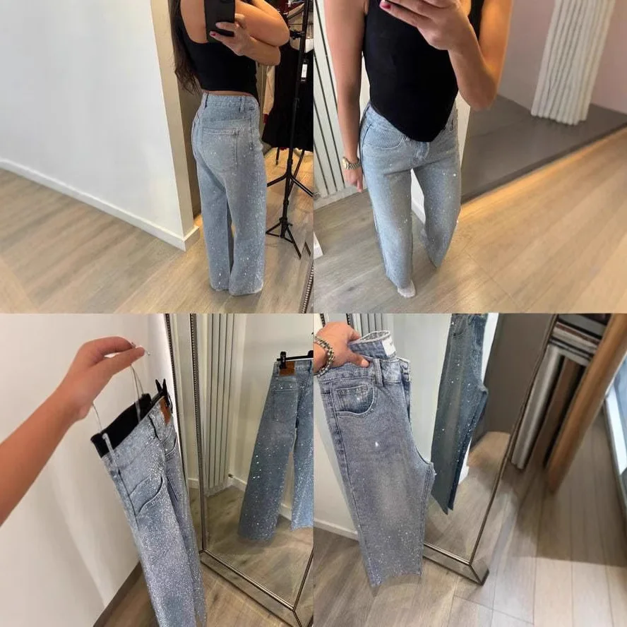 กางเกงยีนส์ผู้หญิงกางเกงยีนส์กางเกงขากว้างเพชรสูงเอวล้าง Distressed กระเป๋าความยาวเต็ม Streetwear 2025 กางเกงตรง