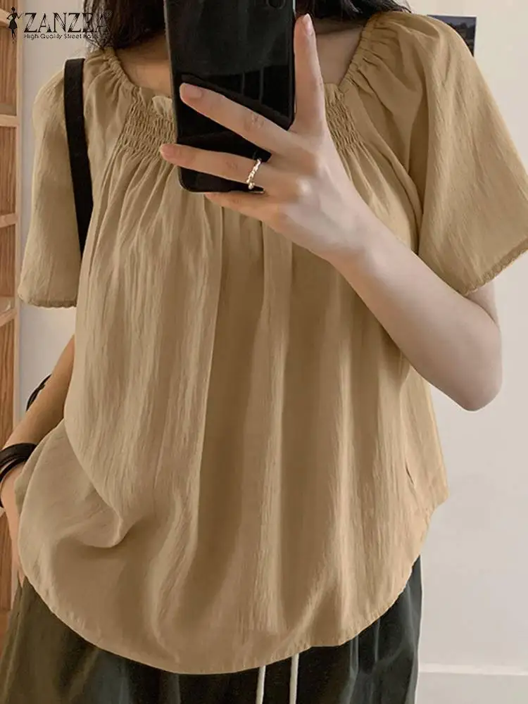 ZANZEA 2024 Fashion Short Sleeve Summer Tops Women Square Neck Blouses Elegant Tunic Tops Casual Loose Solid Color Shirts Femme