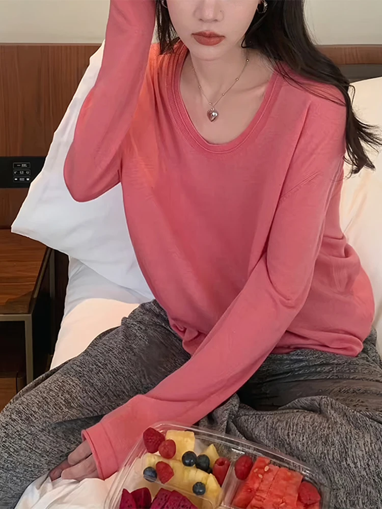 

Женская свободная драпированная футболка Ele Long Sve с эффектом похудения, универсальная, для повседневной носки, базовая, с высокой талией, классический узор, корейский стиль