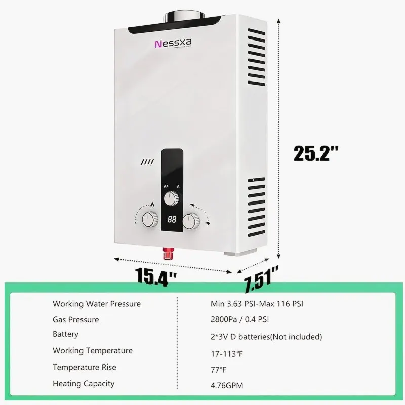 Portable Propane Water Heater – Instant On-Demand Hot Water for Camping, RVs & Outdoor Use | Wall-Mountable Design | 6-Layer Safety System | Compact, Efficient & Easy to Install