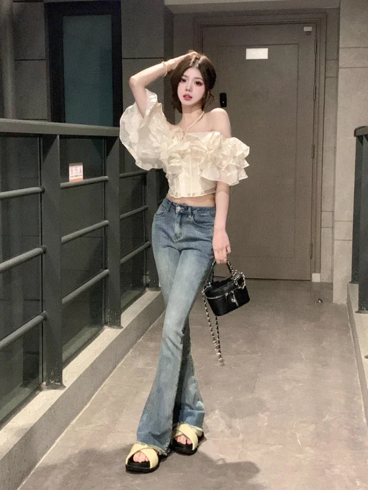 Kimotimo Ruffled One Shoulder Chiffon Blouse Women Summer Short Sleeve Slim Thin Y2k Crop Tops French Style Folds Fishbone Shirt