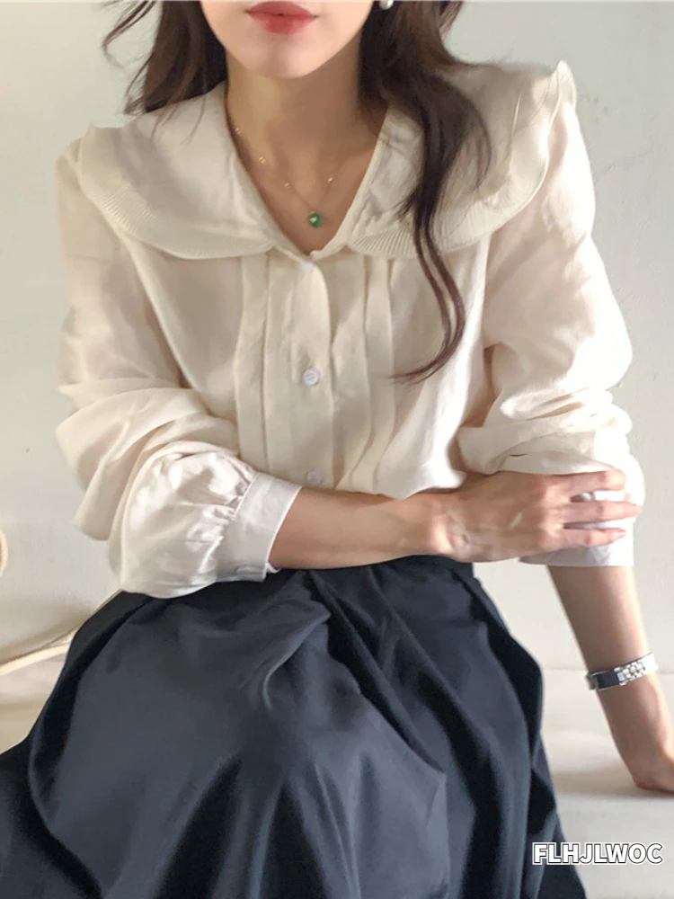 

Basic Shirts Blouses 2022 Fall Autumn Women New Design Korean Preppy Style Japan Girls Solid White Button Shirt Cute Cotton Tops