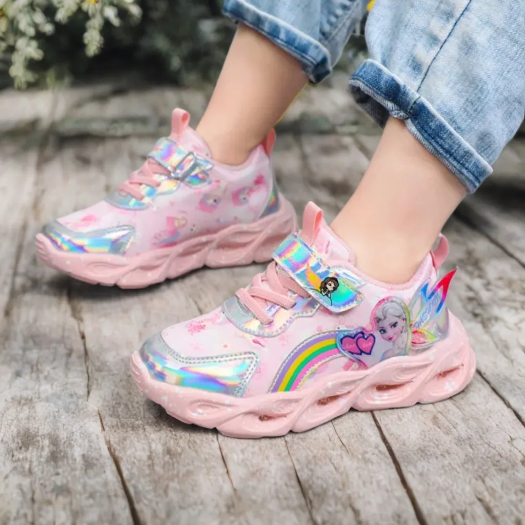 

Disney Girls' Shoes Led Lights Autumn Mesh Breathable Shoes Frozen Leather Girls' Princess Elsa Sports Purple Pink Shoes 22-36
