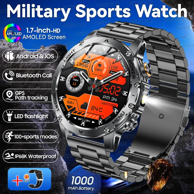 

Новинка 2025 года, уличные военные умные часы с аккумулятором 1000 мАч, мужские светодиодные фонарики, IP68, водонепроницаемые, пульсометр, спортивные, фитнес-умные часы