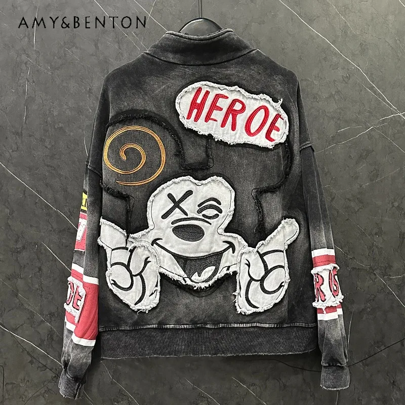 

2025 Autumn Heavy Industry New Patch Embroidery Cartoon Cardigan Zipper Sweatshirt Jacket For Women's Loose Casual Top Hoodies