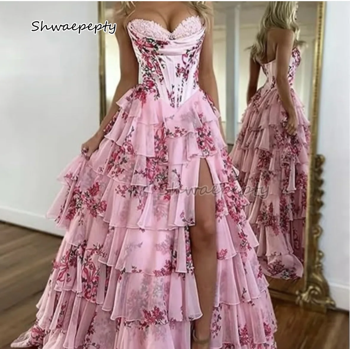 Ruches gelaagde bloemen chiffon galajurk liefje korset a-lijn vetersluiting lange avondjurk split roze verjaardagskleding op maat