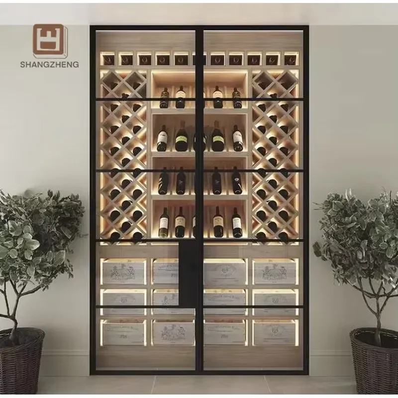 Luxury Wall Mounted Wooden Wine Rack Large Commercial Display Cabinet for Whiskey Glass and Wine Cellar Storage