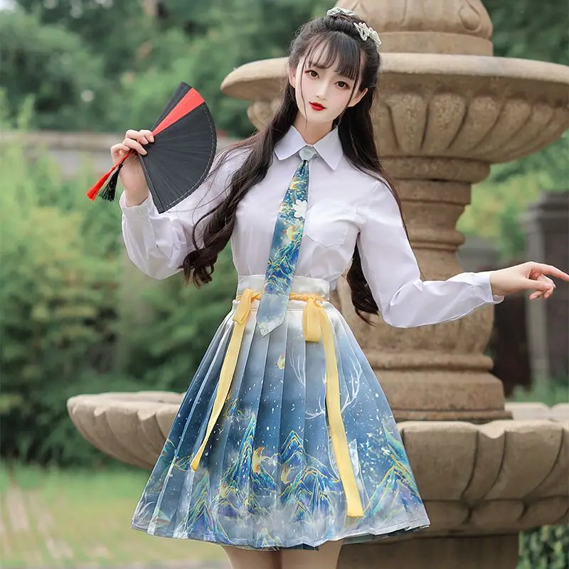 

Traditional Chinese Clothing Hanfu Women's Clothing Student Improved Han Elements Shirt and Pleated Skirt for Spring Summer Wear