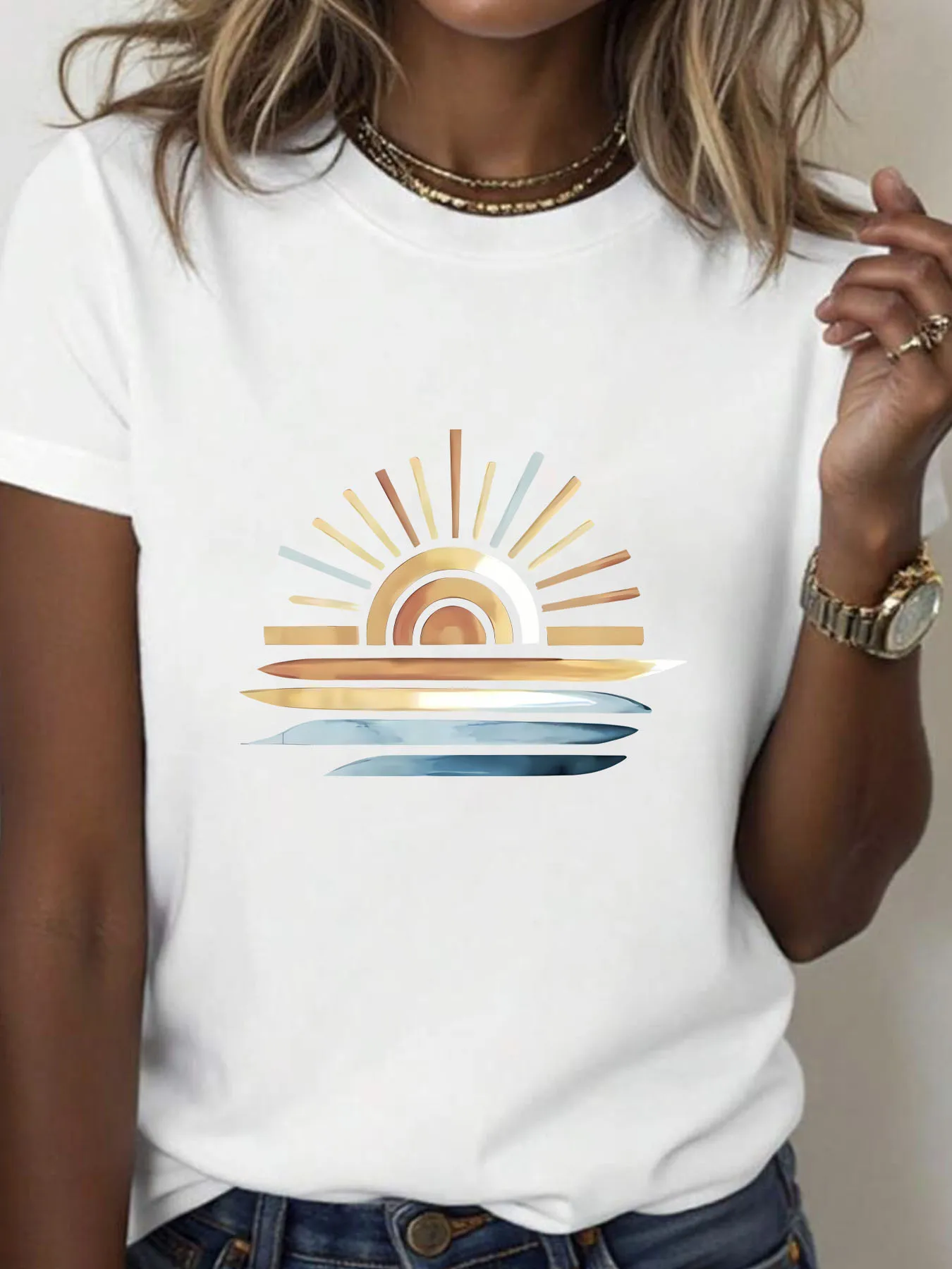 

Sun Plus size women's round neck short sleeve T-shirt with elastic half sleeves and trendy prints