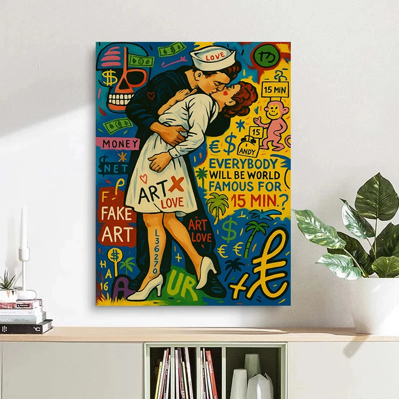 Pop Art Style Kiss Canvas Prints, Urban Graffiti Monkey Poster, Follow Your Dreams Canvas Wall Art, Street Art Wall Decoration