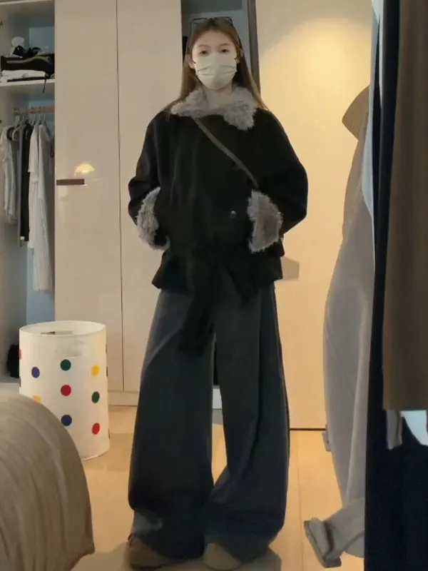 

Hebe Sle High Faion Woolen Coat Loose Lapel Tie Waist Trendy Personali Winter Outerwear Korean Version Button Element