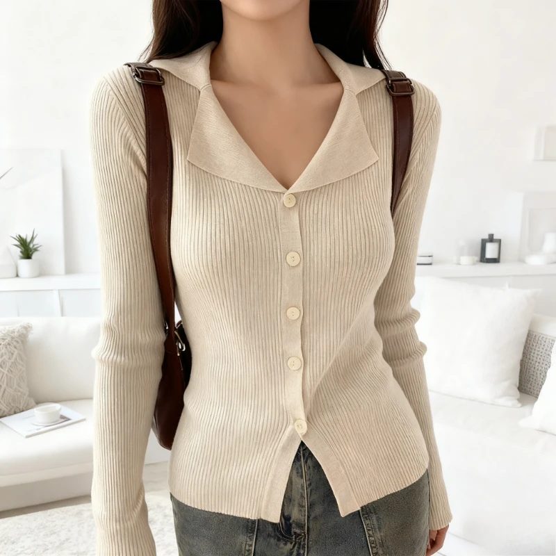 

НОВЫЙ осенний шикарный женский повседневный приталенный кардиган с длинными рукавами, однотонный свитер, вязаный корейский стиль, милые короткие куртки