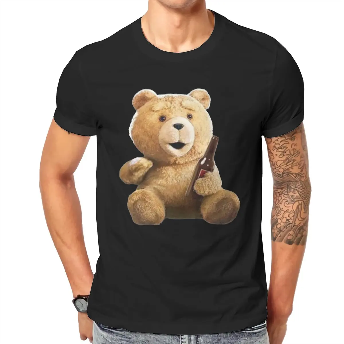 Teddy Bear Ted T Shirt for Men Pure Cotton Novelty T-Shirt Crew Neck Cartoon Drink Beer Tee Shirt Short Sleeve Clothes Plus Size