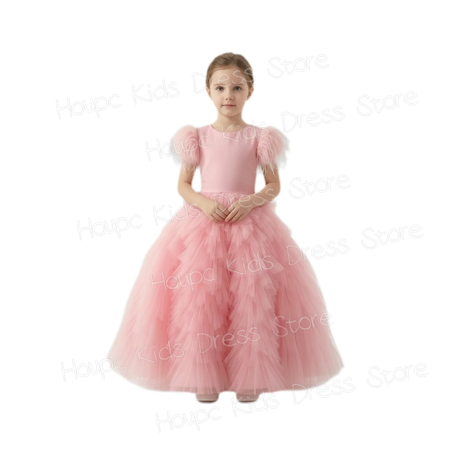 Custom Pink Feather Sleeve Tiered Tulle Ball Wedding Gown for Flower Girl  Birthday Party