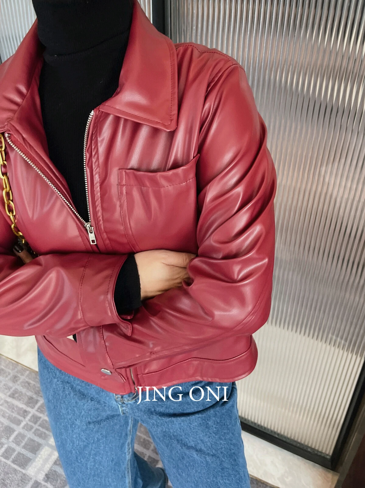 Red Faux Leather Jacket Woman Clothing Y2k Korean Fashion Style Vintage Luxury Cropped Coat Top New Elegant Blazer Outerwear