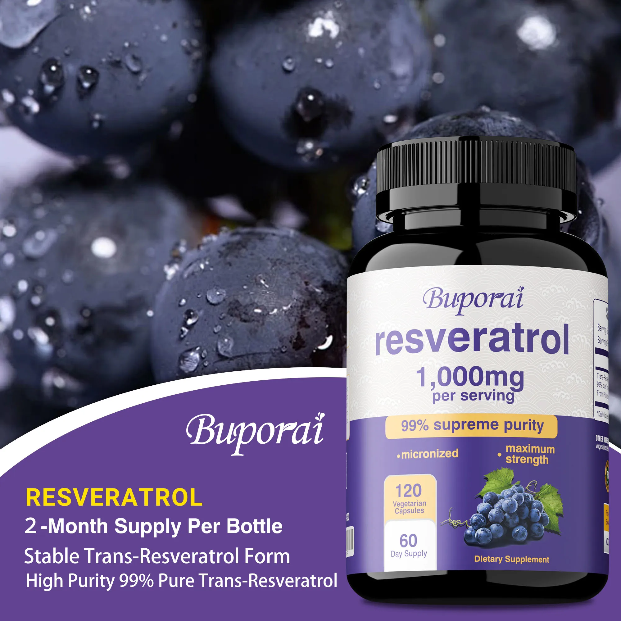 

Капсулы Resveratrol — антиоксидант, повышает энергию, способствует здоровью мозга, сердца и иммунитета и общего здоровья, без ГМО