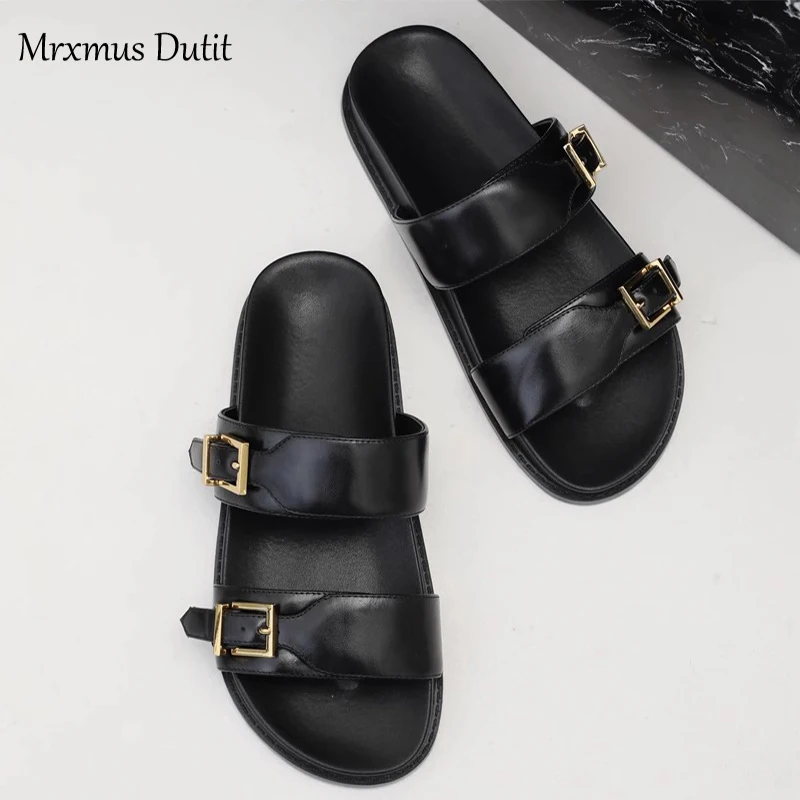 Mrxmus Dutit 2023 Summer British Retro Gold Buckle Casual Sandals Flat Sandals Fashion Leather Shoes Women\'s Shoes