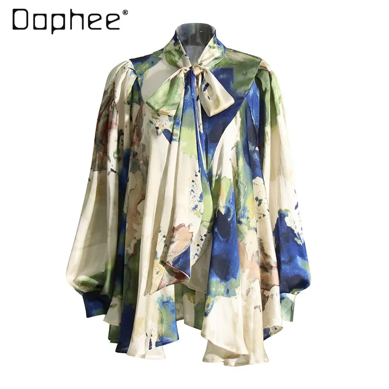 Women's Print Blouse Oversized Elegant Lace Up Stand Collar Lantern Sleeves Single Breasted Shirts French Loose Comfortable